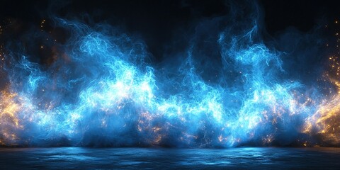 Fototapete - Vibrant blue and orange flames creating an abstract visual display during a nighttime event