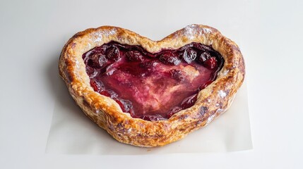 Wall Mural - Heart-shaped baked plum galette on baking paper with a serving cut out showcasing its delicious filling and golden crust