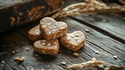 Canvas Print - Heart-shaped baked cookies on a rustic wooden table with grain accents for a cozy and nostalgic dessert setting.