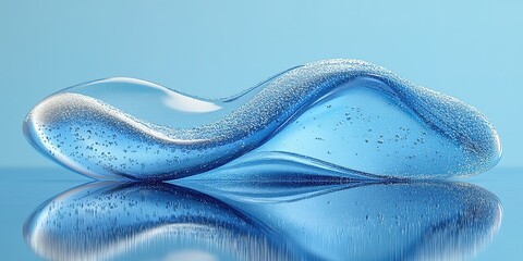 Poster - Blue abstract liquid shape with bubbles on reflective surface showcasing texture and color