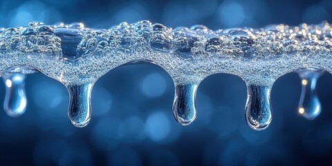 Poster - Water droplets gather and form on a metallic surface in a close-up shot captured with a blue bokeh background