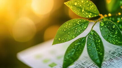 Poster - Fresh Rain Drops on Green Leaves with Soft Natural Lighting