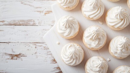 Canvas Print - Deliciously styled baked meringues topped with creamy whipped cream arranged on a rustic white wooden board crafted for food photography