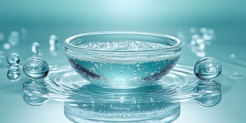 Poster - Clear bowl of sparkling water creates gentle ripples in a calm setting with bubbles rising to the surface
