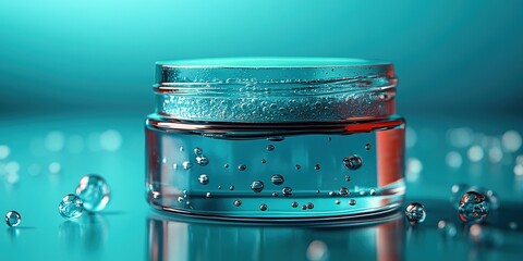 Poster - Transparent jar with bubbles on a reflective surface creating an abstract composition in vibrant blue tones