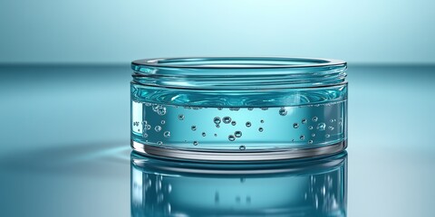 Poster - Clear glass container filled with turquoise liquid and bubbles on a smooth reflective surface