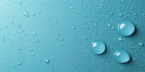 Poster - Close-up of water droplets on a smooth blue surface with texture and reflections in bright light