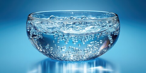Poster - Water with bubbles in a clear glass bowl set against a blue background creating an eye-catching display in bright light
