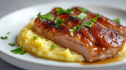 Wall Mural - Baked duck fillet served with celery puree and garnished with herbs on a white plate close up showcasing culinary elegance and texture