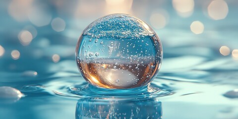 Poster - Reflection of bubbles inside a crystal sphere floating on calm blue water under soft light