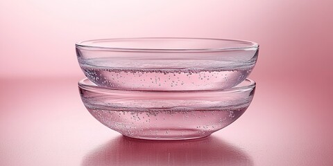 Poster - Elegant glass bowls filled with sparkling water on a soft pink background highlighting their delicate design
