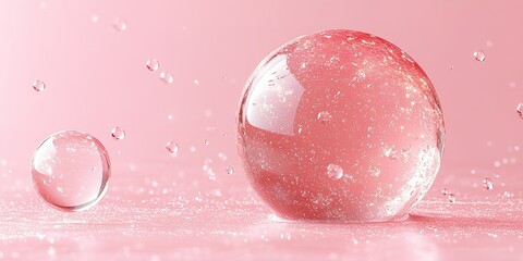 Poster - Clear water droplets on a pink background create an abstract and fresh aesthetic for artistic inspiration