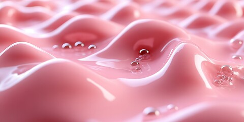 Poster - Surreal close-up of textured pink surface with water droplets highlighting its contours and curves