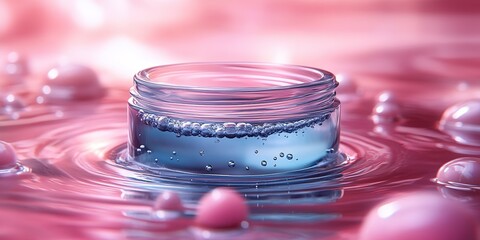 Poster - Clear gel in a glass jar surrounded by colorful bubbles on a pink reflective surface