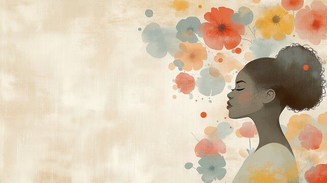 A delicate artistic illustration of a Black African American woman with a natural hairstyle surrounded by soft floral designs, reflecting elegance, beauty, and a connection to nature