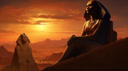 A stunning digital artwork depicting an ancient Egyptian landscape at sunset, featuring two majestic statues: the Great Sphinx and a magnificent pharaoh seated in a regal pose. The scene is illuminate