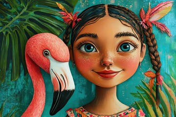 Canvas Print - Girl with Flamingo and Tropical Flowers