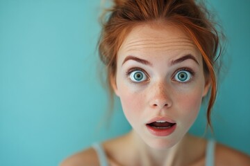 surprised woman with open mouth and wide eyes expressing amazement in a neutral setting