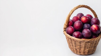 Wall Mural - Harvesting of ripe pink plums collected in a basket on a white background, agribusiness concepts, organic healthy food and fruit without GMOs with a copy of the space
