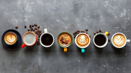 Wall Mural - Many cups of coffee with latte art on grey background