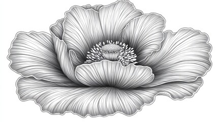 Wall Mural - elegant floral illustration, black and white line art of a blooming flower on white background