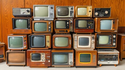 A classic array of televisions featuring wooden frames, knobs, and screens, artistically arranged to portray the evolution of media and technology.