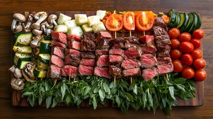 Wall Mural - Grilled Beef Skewers with Assorted Vegetables and Herbs