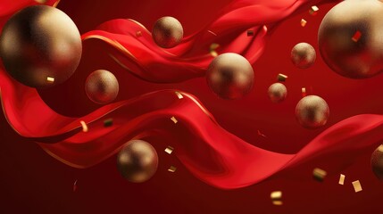 Poster - Modern 3D Chinese New Year art with floating gold spheres and flowing red ribbons, evoking festive energy.