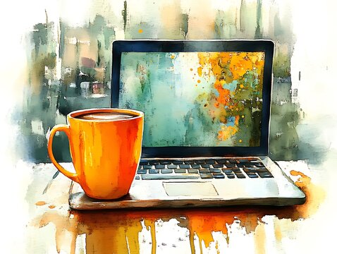 Orange Mug Coffee Laptop Artistic Watercolor Painting