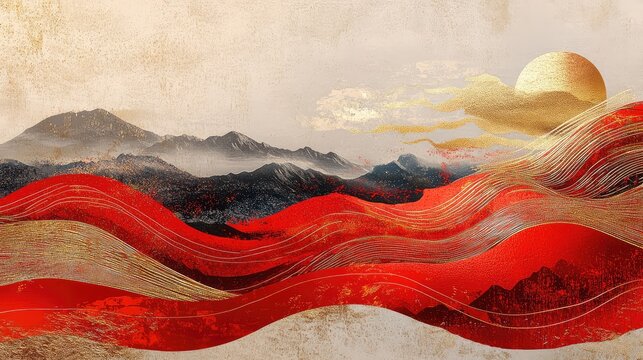 Modern abstract Chinese New Year collage combining digital textures, red waves, and golden brushstroke details.