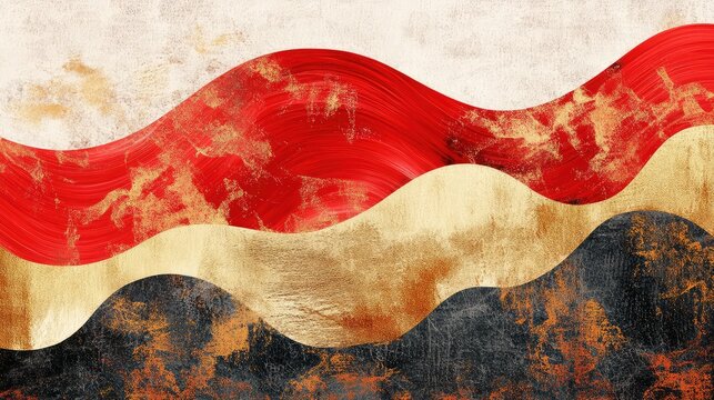 Modern abstract Chinese New Year collage combining digital textures, red waves, and golden brushstroke details.