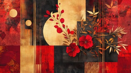 Wall Mural - Modern abstract collage blending red floral patterns, golden motifs, and layered geometric shapes.