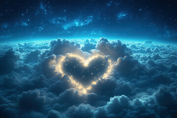 Canvas Print - A Dreamy Night Sky Filled With Clouds Shaped Like Hearts And Crescents For A Romantic Ramadan Background