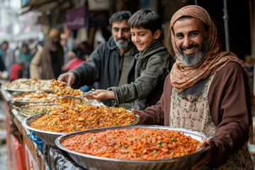 Canvas Print - A Family Passing Out Food To Those In Need, Showcasing The Spirit Of Giving During Ramadan