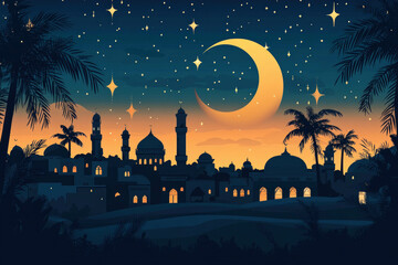 Poster - A Peaceful Village Under A Crescent Moon Setting The Scene For A Simple Ramadan Background