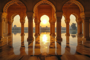 Wall Mural - A Peaceful Scene Of Prayer At Sunset In A Mosque Courtyard During Ramadan