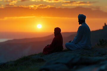 Wall Mural - A Silhouette Of A Family Praying Together Against A Sunset For A Heartfelt Ramadan Background