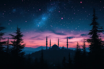 Wall Mural - A Starry Sky Above A Tranquil Mosque Creating A Peaceful Ramadan Night Background