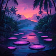 Canvas Print - Mystical Sunset Over Tropical River with Lush Greenery and Lilies