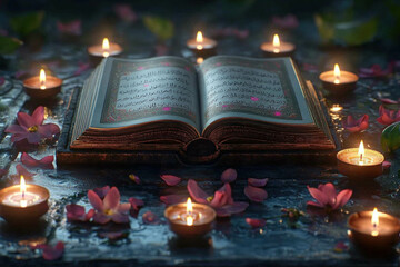 Sticker - An Artistic Depiction Of The Quran Open On A Stand, Surrounded By Candles And Flowers