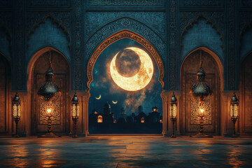 Wall Mural - An Artistic Interpretation Of The Month Of Ramadan With Symbolic Elements Like Crescents And Lanterns