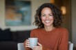 © aiLover - A woman with curly hair is smiling and holding a mug