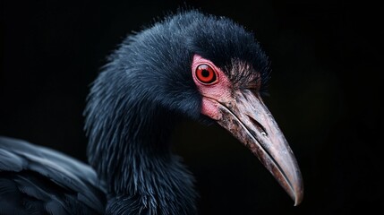 Wall Mural - Black bird with red eyes is staring at the camera. The bird's head is covered in feathers and its beak is visible. The image has a dark and moody atmosphere