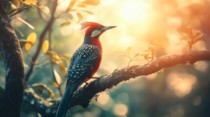 Wall Mural - Bird with a red head and black body is perched on a branch. The bird is surrounded by leaves and branches, and the sunlight is shining on it. Concept of peace and tranquility