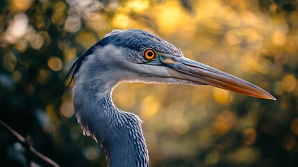 Wall Mural - Large blue bird with a long neck and a yellow beak. The bird is standing in a forest