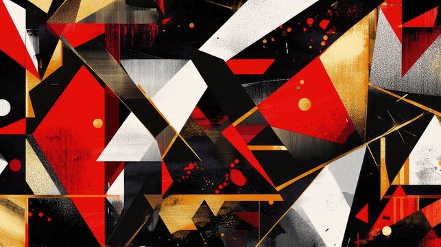 Modern abstract New Year celebration patterns, featuring sharp geometric shapes and radiant red and gold highlights.