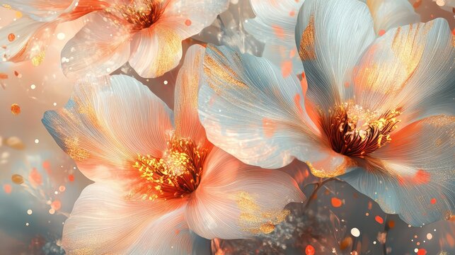 Modern abstract New Year flowers with radiant gold petals and soft red highlights, creating a festive vibe.