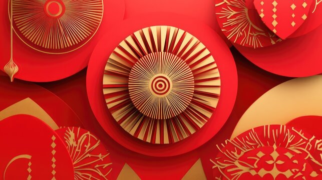 Modern abstract paper-cutting New Year composition with symmetrical red and gold patterns and bold textures.