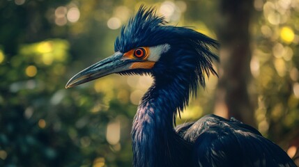 Wall Mural - Bird with a long beak and a blue head. The bird is standing in a forest