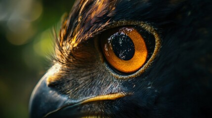 Wall Mural - Close up of a bird's eye with a yellow iris. The eye is surrounded by a black beak and feathers